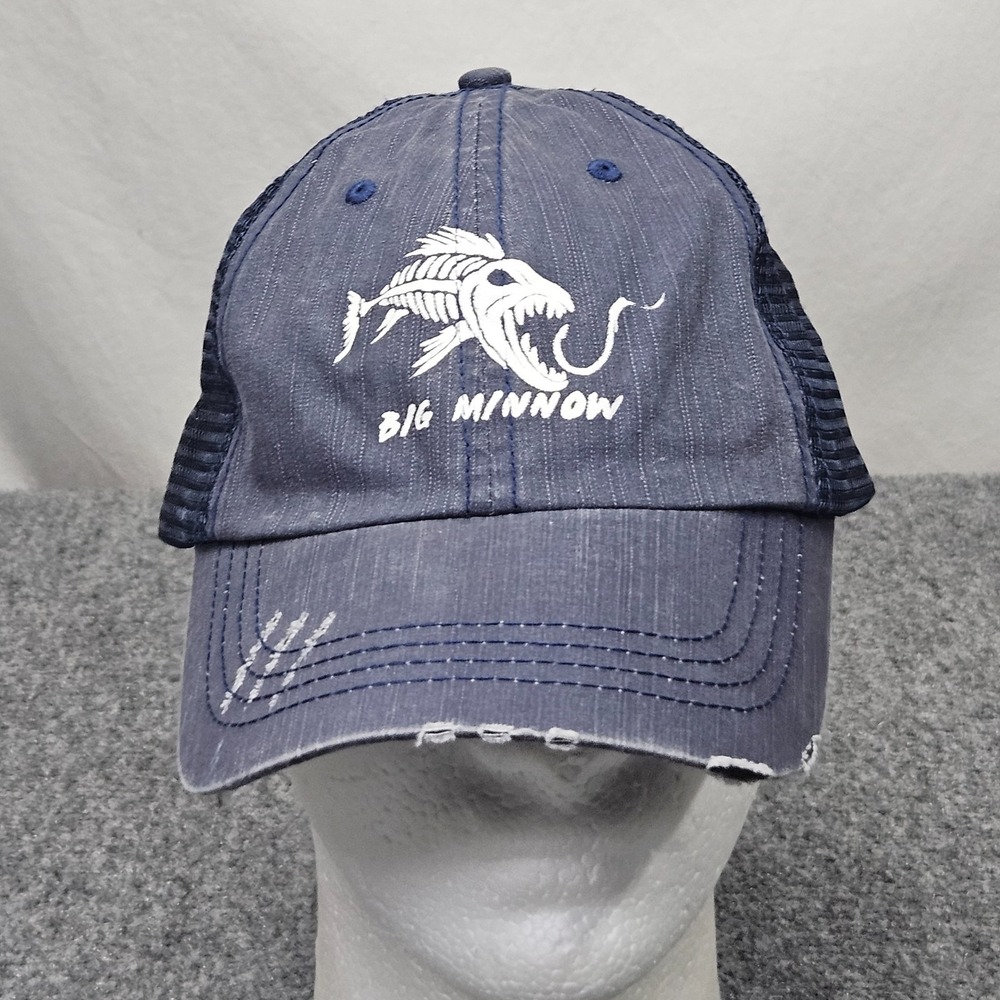 Big Minnow Trucker Hat Blue Strapback Distressed Fishing Cap Outdoor Utility
